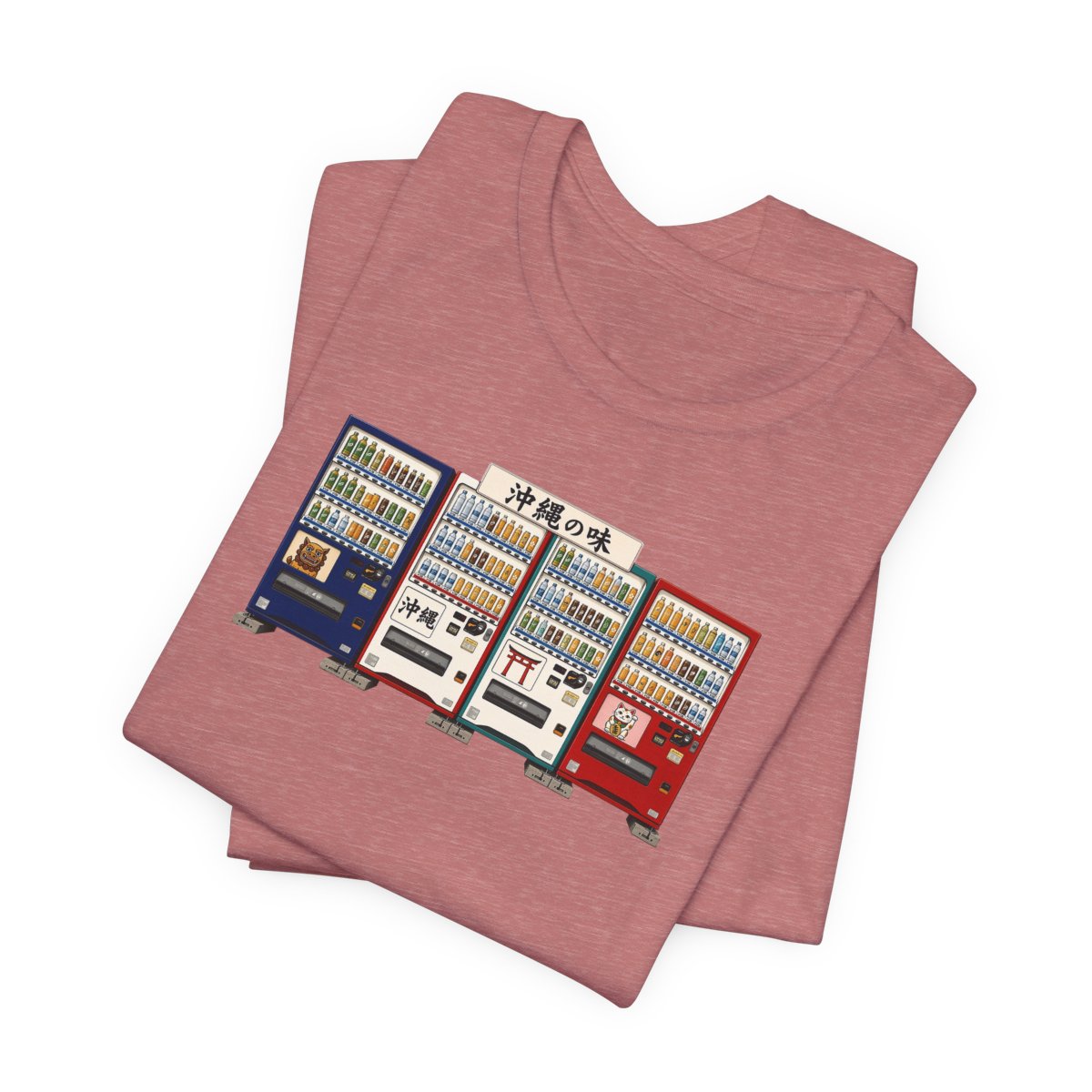 Okinawa vending machines tee, Heather Mauve, folded view