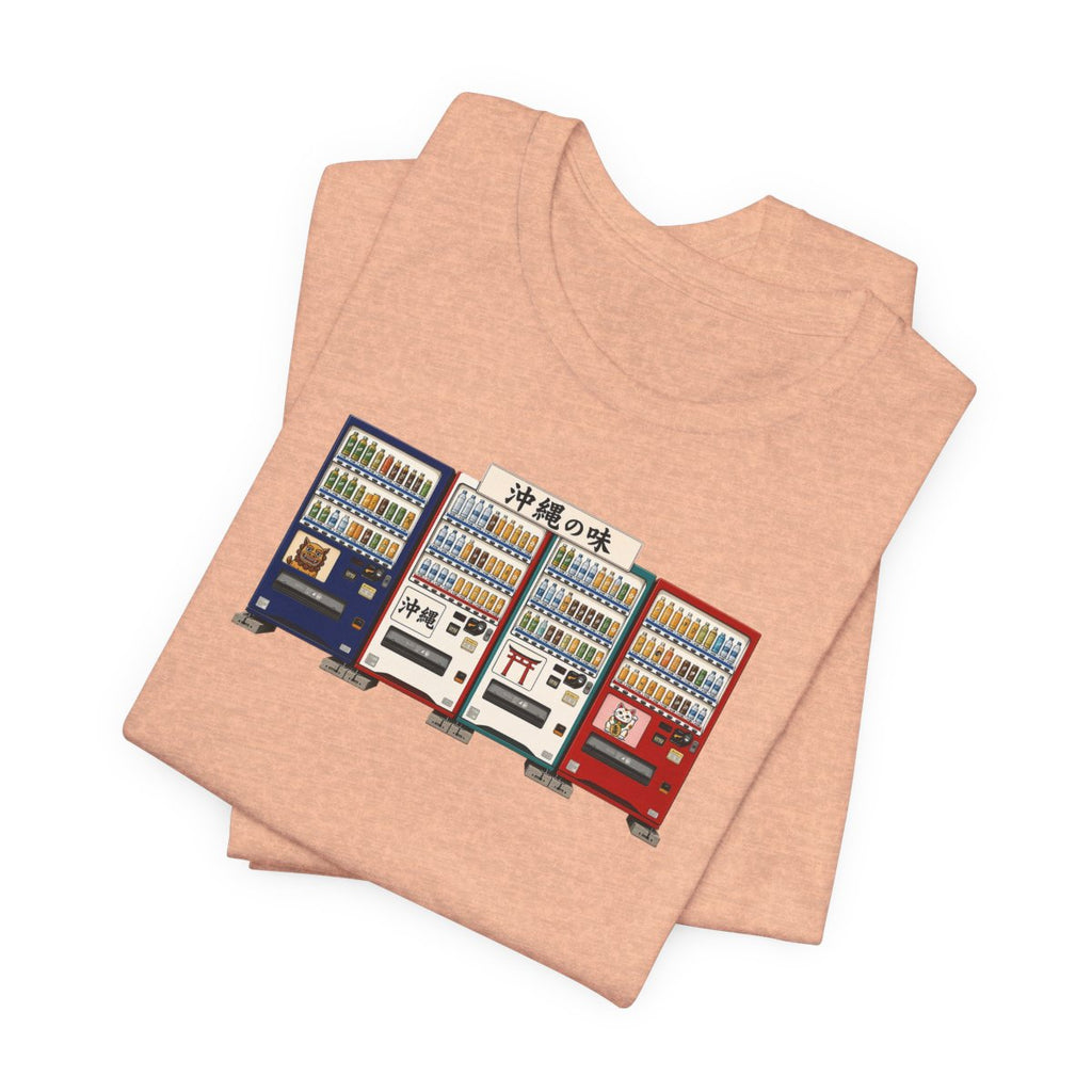 Okinawa vending machines tee, Heather Peach, folded view