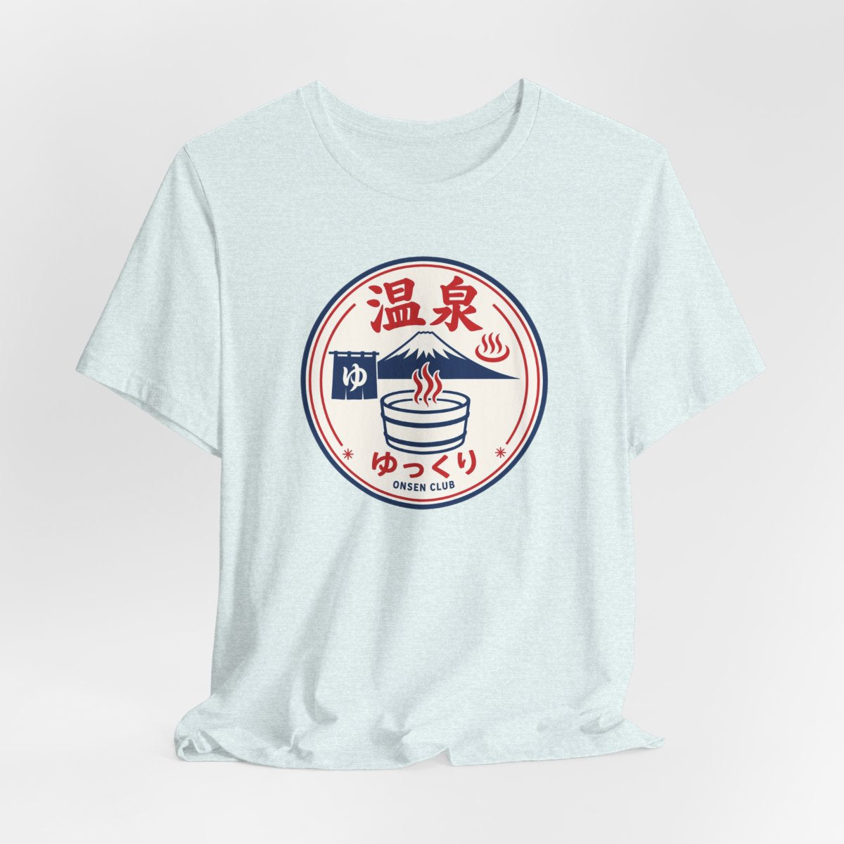 Onsen Club tee, Heather Ice Blue, hanging view