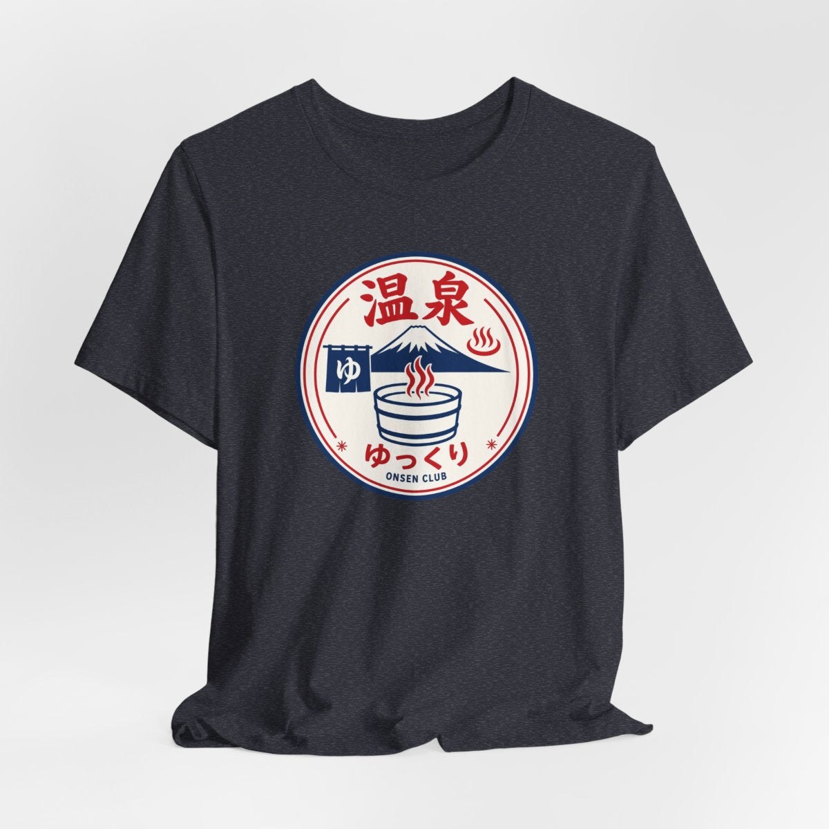 Onsen Club tee, Heather Navy, hanging view