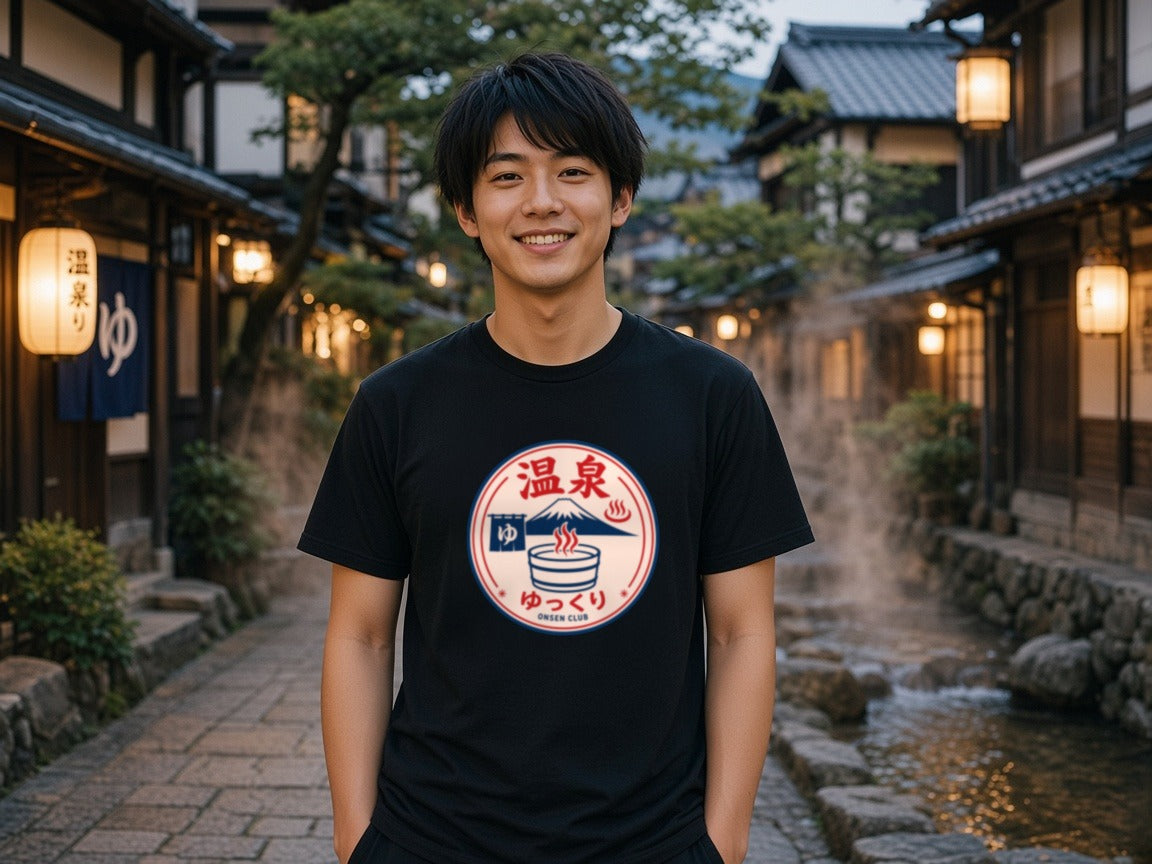 Onsen Club tee lifestyle photo, black tee in a Japanese onsen town at dusk