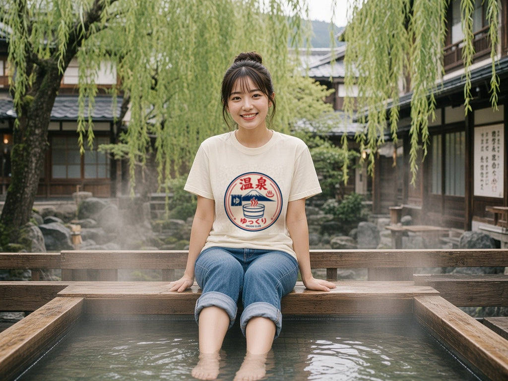 Onsen Club tee lifestyle photo, natural tee by an onsen footbath