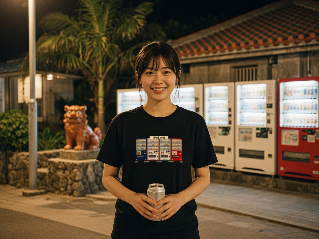 Okinawa vending machines tee lifestyle photo, black tee on an Okinawa street at night