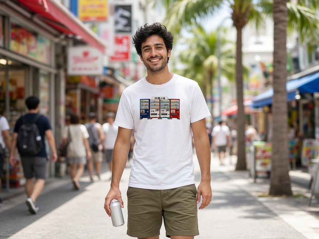 Okinawa vending machines tee lifestyle photo, white tee on a sunny Okinawa shopping street