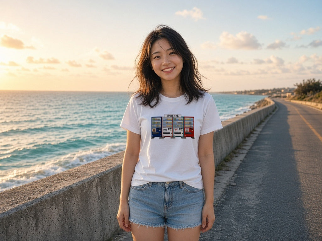 Okinawa vending machines tee lifestyle photo, white tee on an Okinawa seawall at golden hour